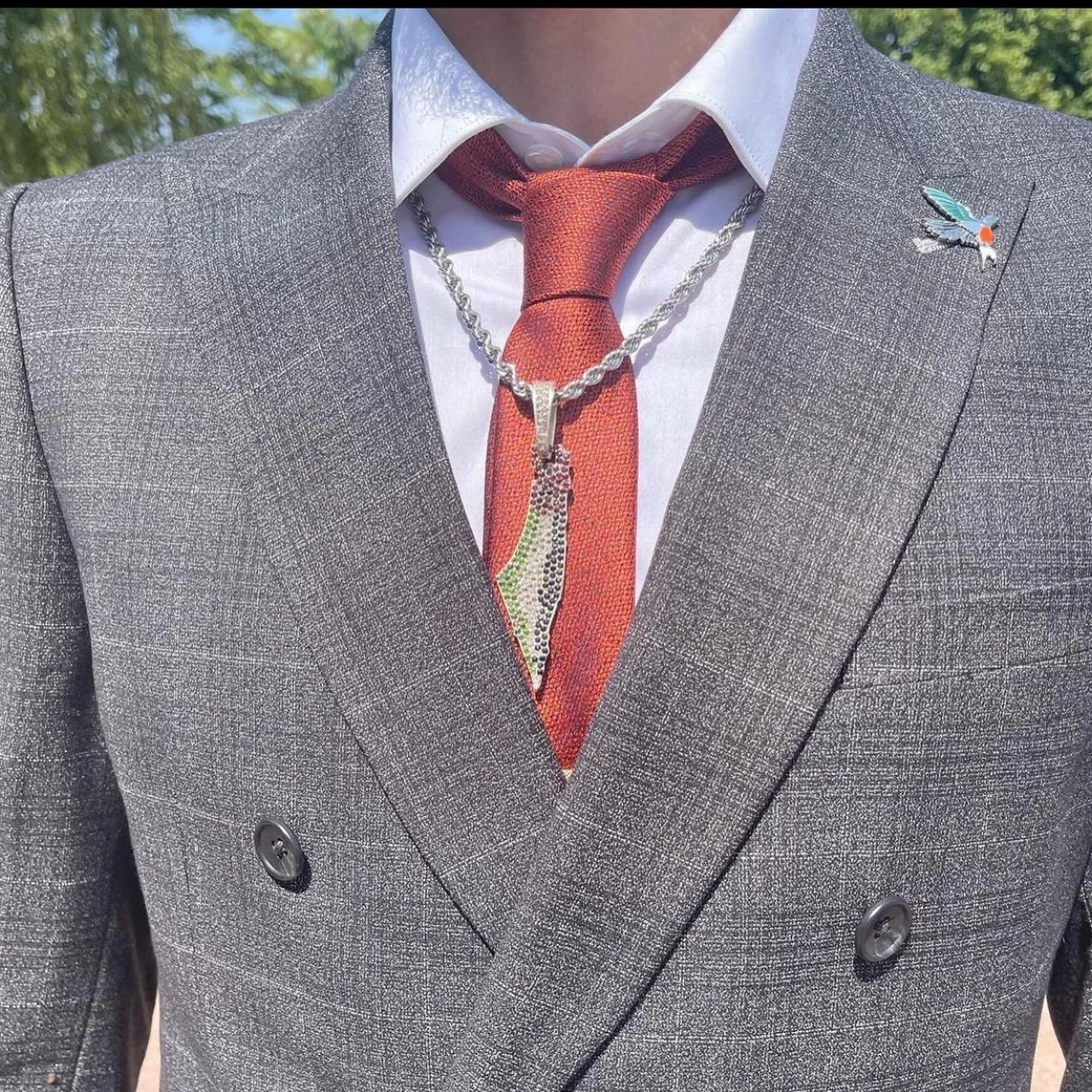A stone-set Palestine-shaped pendant on a silver rope chain, worn over a white shirt and red tie