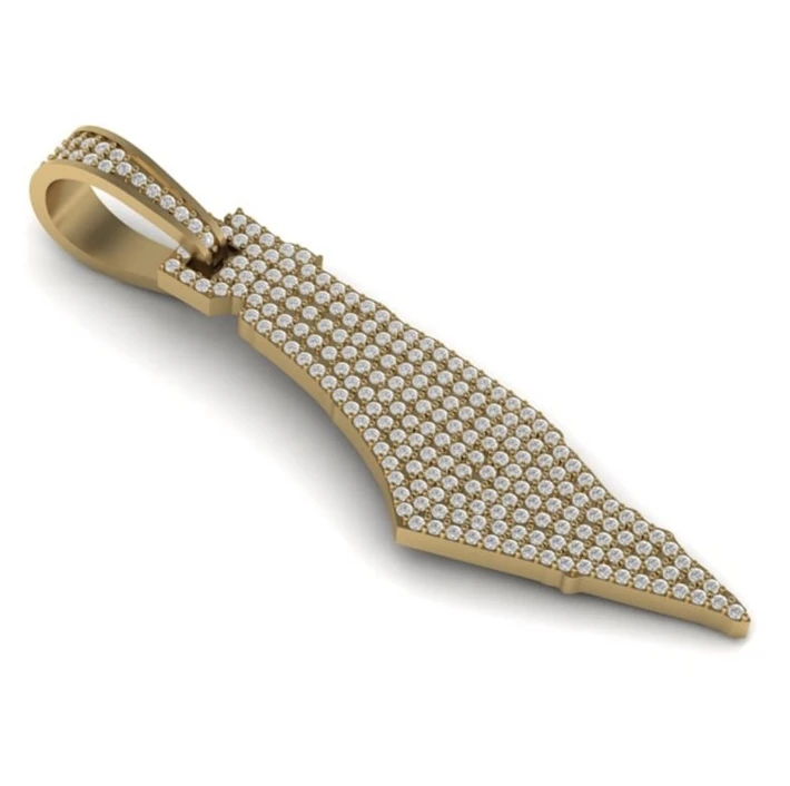 A computer render of a Palestine-shaped pendant set with small white stones, in yellow gold