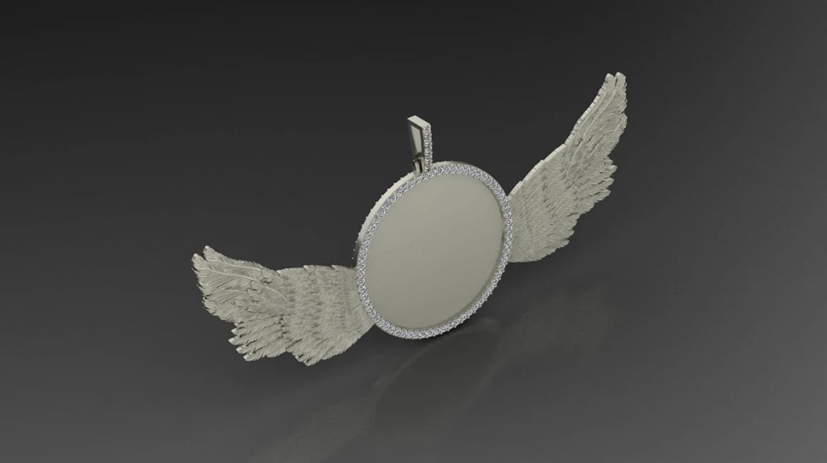 A computer render of a round medallion pendant with a diamond-set edge and two feathered wings