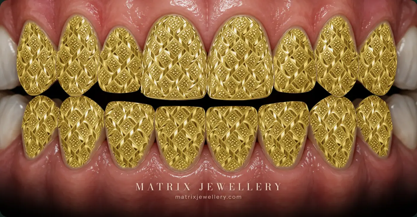 Rendered preview of a full set of Plain Diamond Dustcut grillz in 14K yellow gold, upper and lower teeth