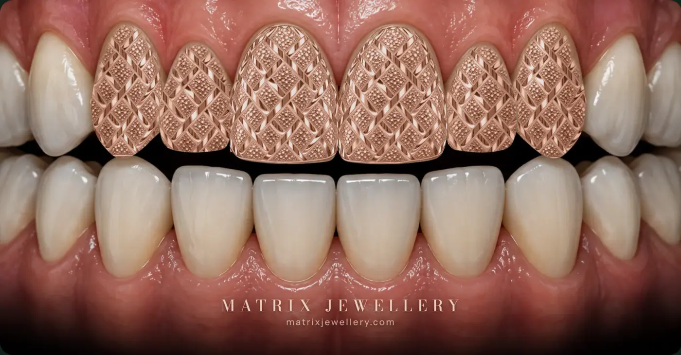 Rendered preview of six Plain Diamond Dustcut grillz in 14K rose gold