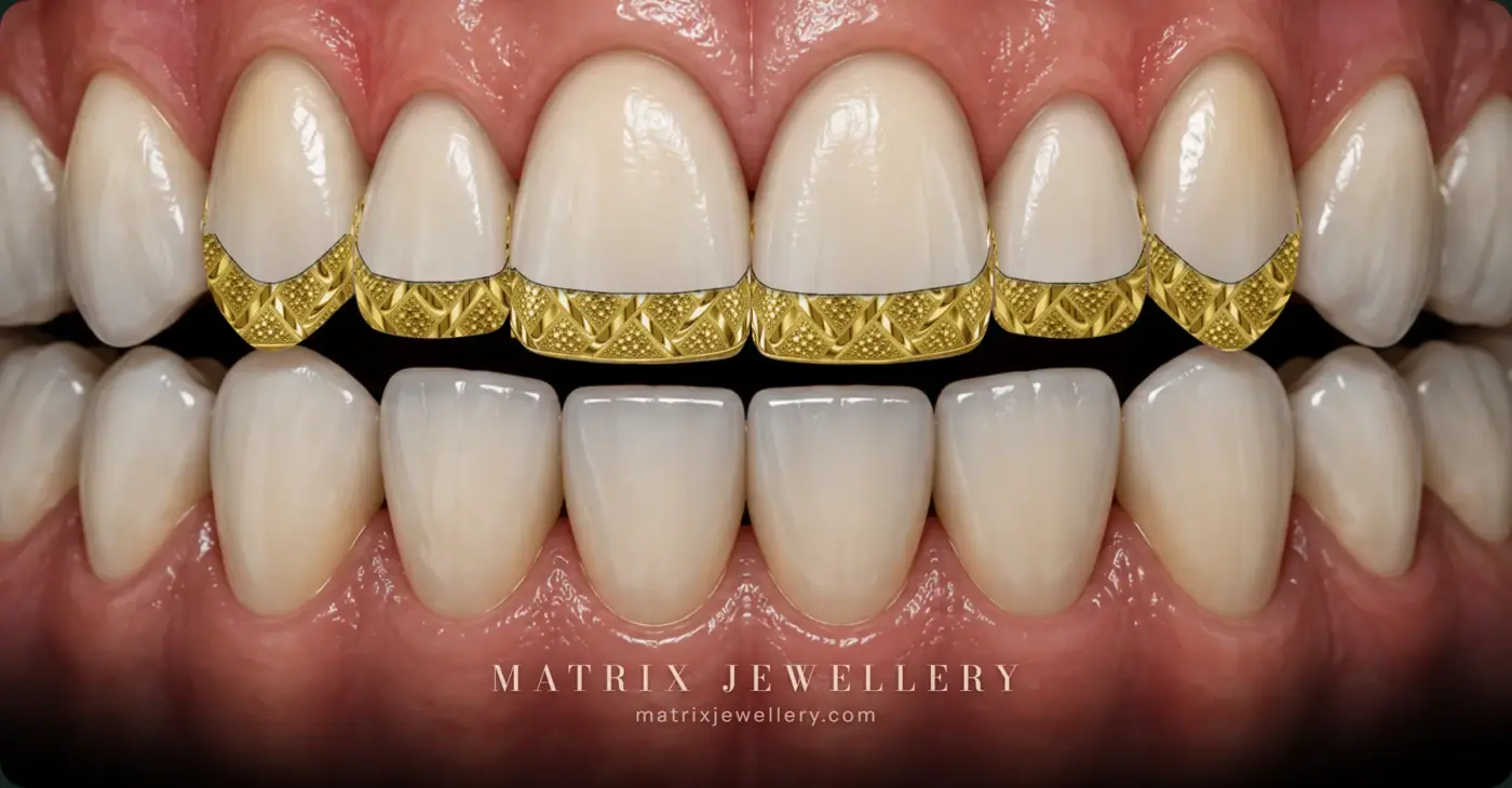 Rendered preview of six Line/Tip grillz in 14K yellow gold with a fine metal outline and tip