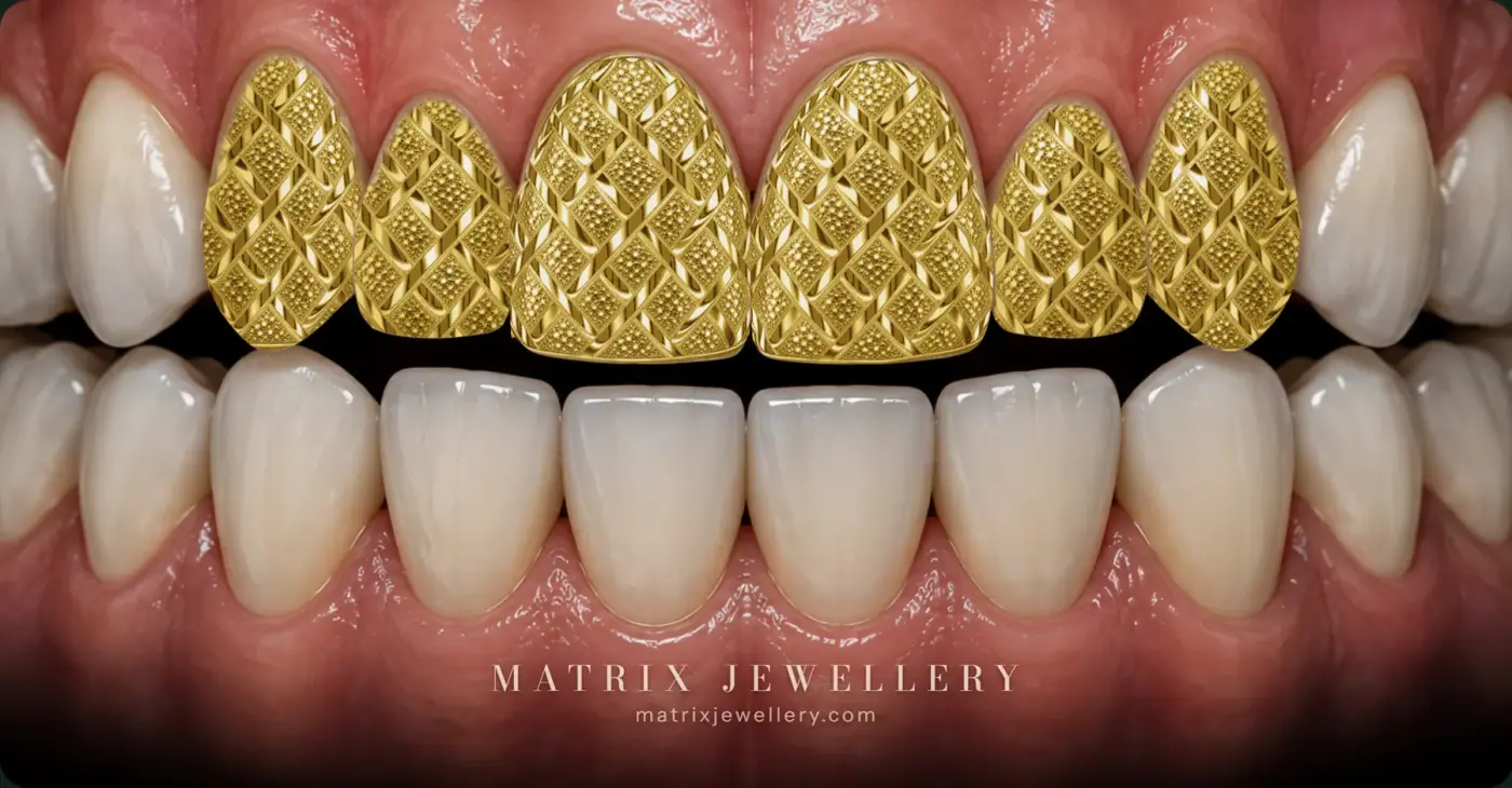 Rendered preview of six Plain Diamond Dustcut grillz in 14K yellow gold