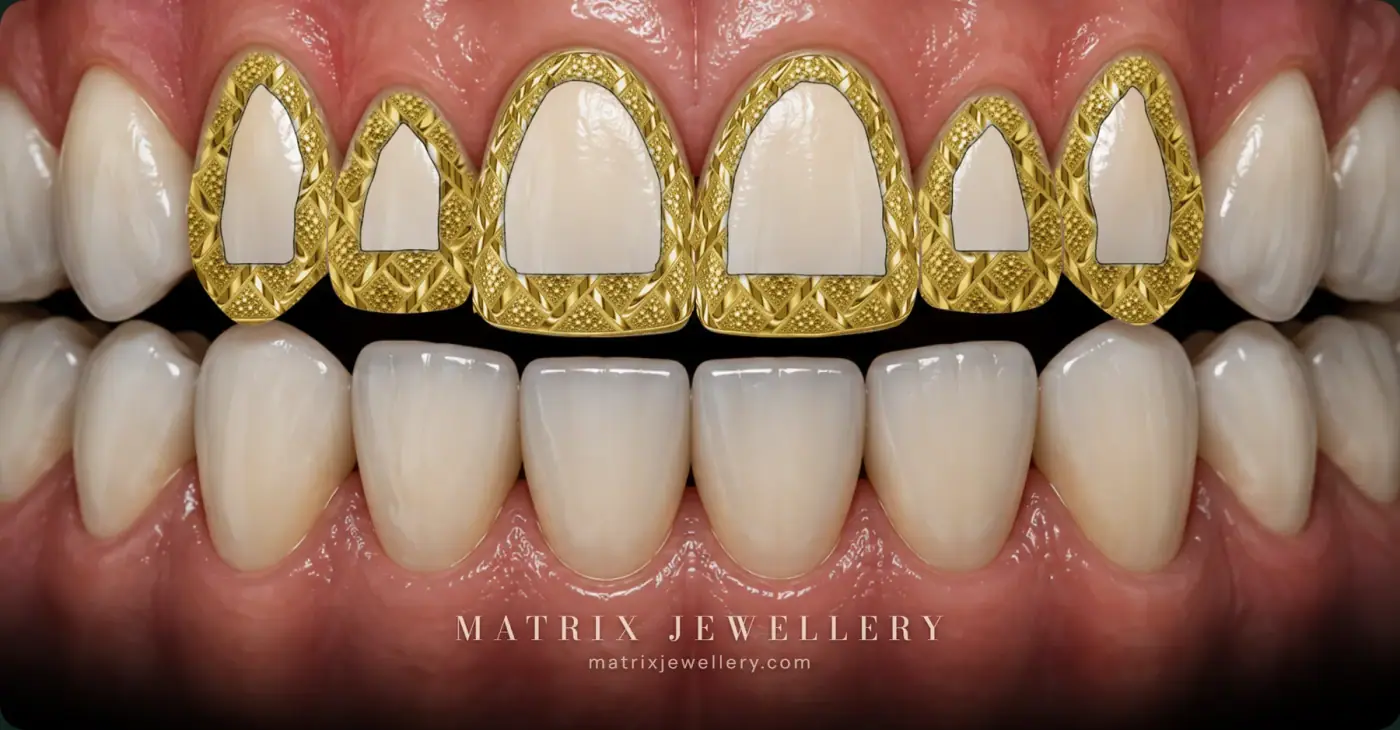 Rendered preview of six Window grillz in 14K yellow gold, with the natural tooth visible inside a metal frame
