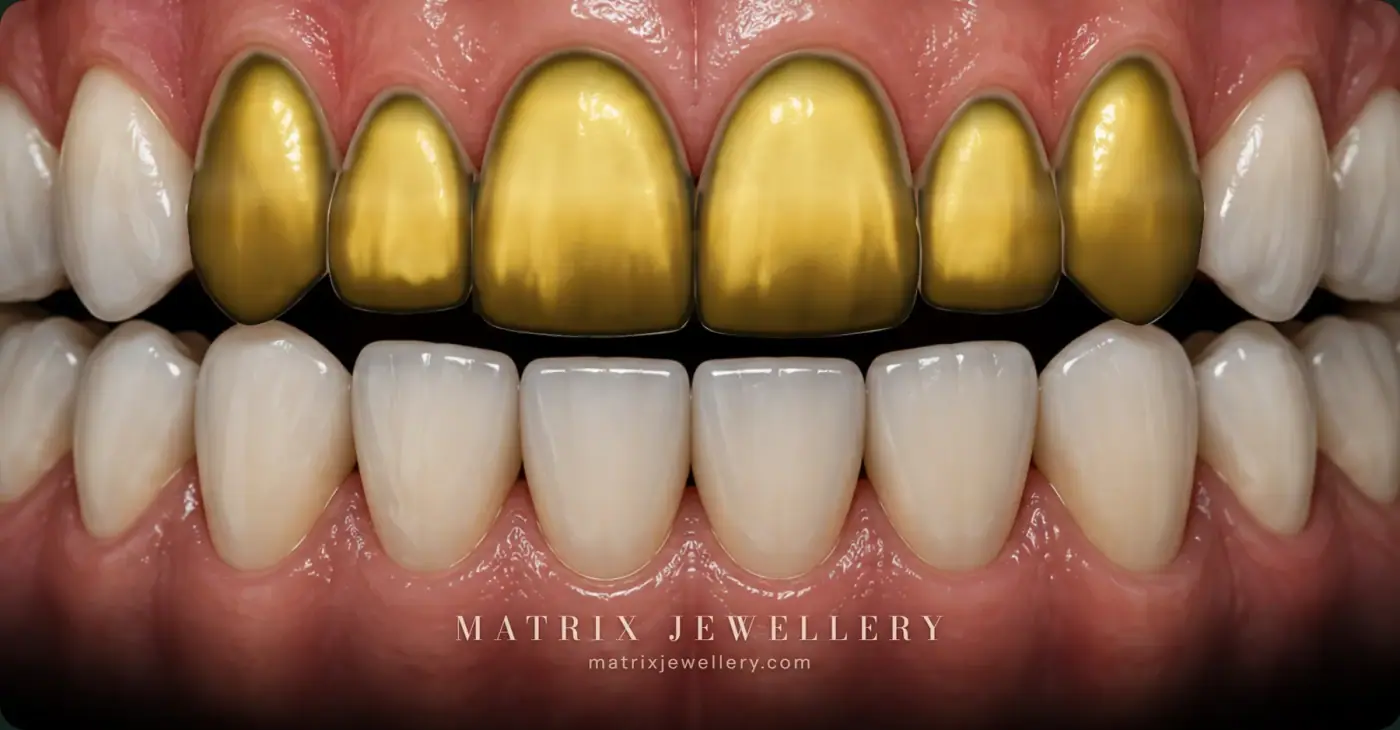Rendered preview of six Plain High Mirror Polish grillz in 14K yellow gold