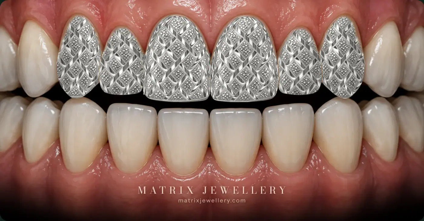 Rendered preview of six Plain Diamond Dustcut grillz in 18K white gold