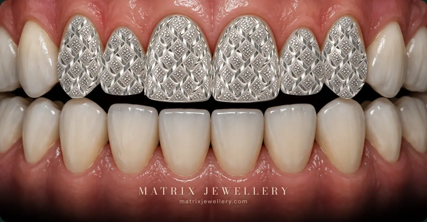 Rendered preview of six Plain Diamond Dustcut grillz in silver